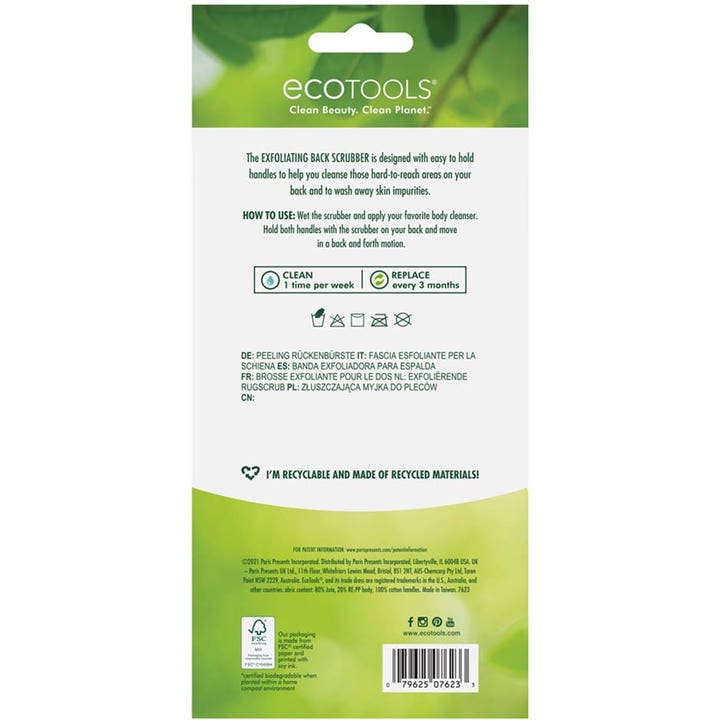 Ecotools Exfoliating Back Scrubber 1 kpl syväpuhdistava selänpesin pakkauksen takapuoli ja käyttöohjeet