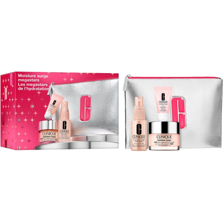 Clinique Moisture Surge Megastars kosteuttava ihonhoitosetti hopeisella meikkipussilla ja pinkillä lahjapakkauksella