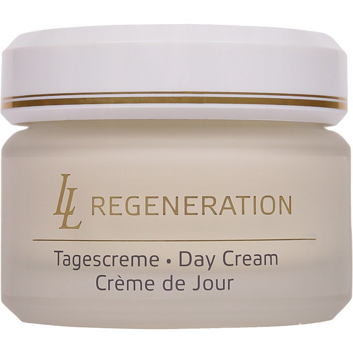 LL Regeneration Day Cream 50 ml uudistava päivävoide huurretussa lasipurkissa jossa on kultaraitainen valkokansi.