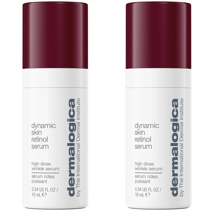 Dermalogica Dynamic Skin Retinol Serum 10 ml ryppyjä silottava seerumi valkoisissa pulloissa tummanpunaisilla korkeilla