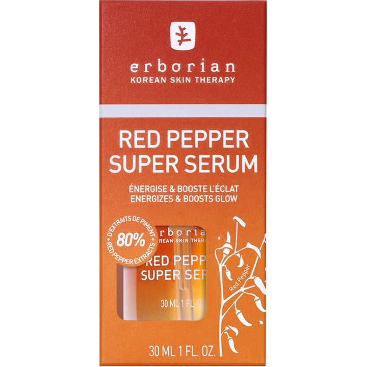 Erborian Red Pepper Super Serum 30 ml kirkastava kasvoseerumi oranssi pakkaus ikkunalla pulloon