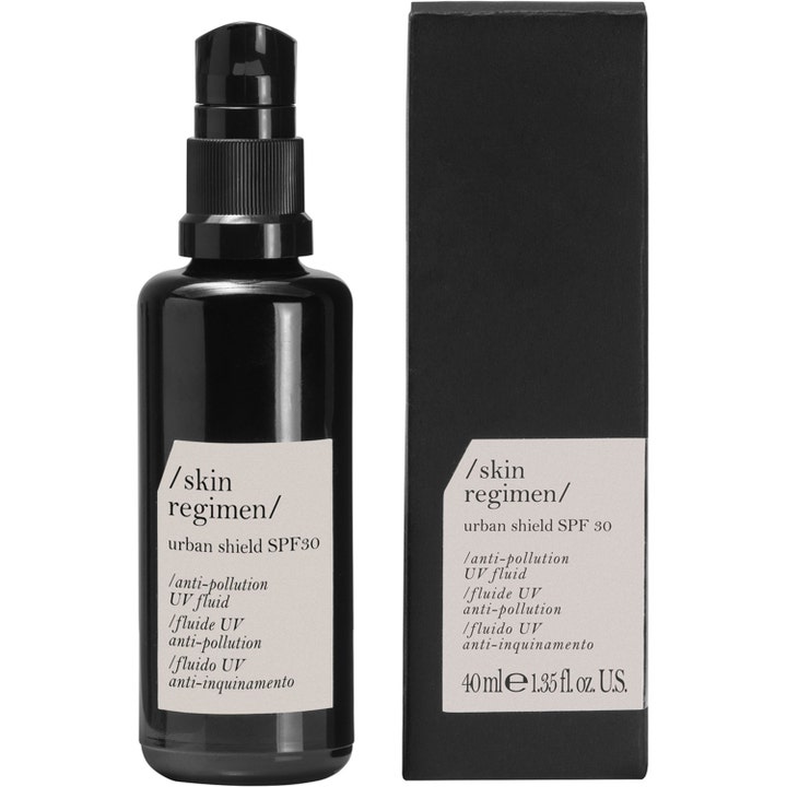 /skin regimen/ Urban Shield SPF 30 40 ml suojaava UV-neste mustassa pumppupullossa ja mustassa pakkauksessa.