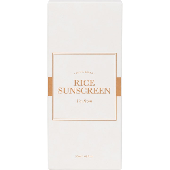 I'm From Rice Sunscreen 50 ml kirkastava aurinkovoide valkoisessa minimalistisessa pahvipakkauksessa