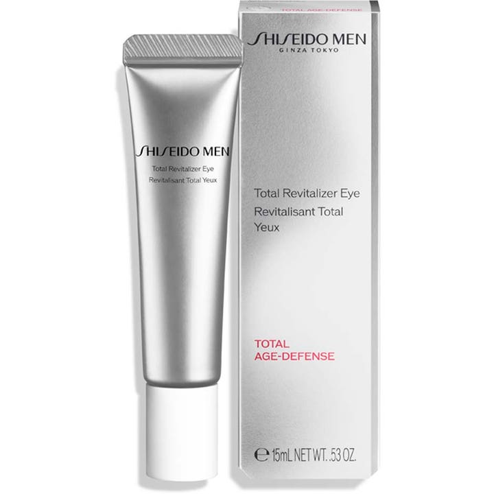 Shiseido Men Total Revitalizer Eye 15 ml virkistävä silmänympärysvoide hopeisessa tuubissa ja pakkauksessa.