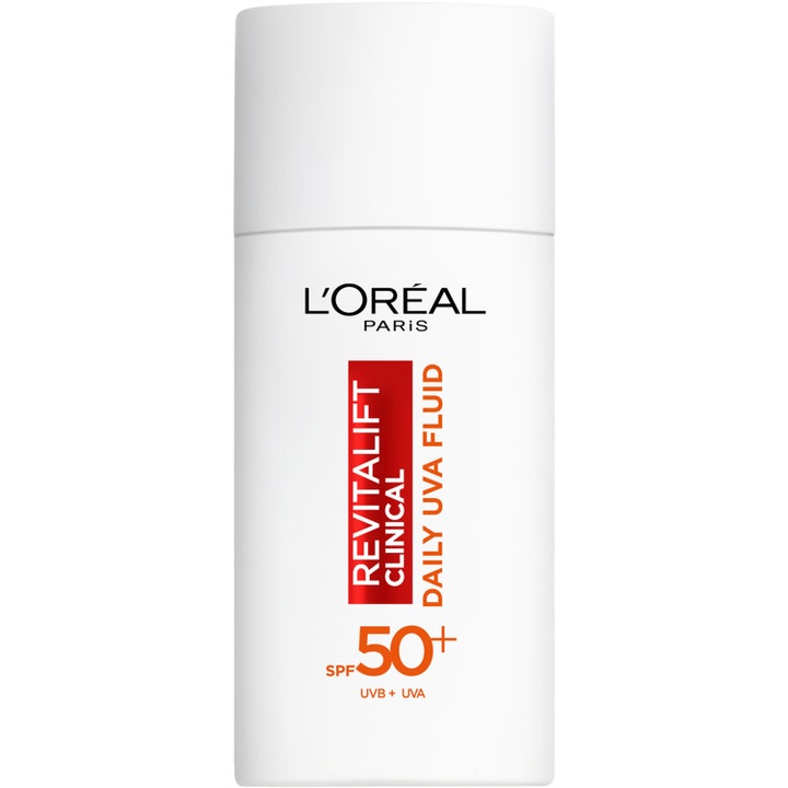 L'Oréal Paris Revitalift Clinical Daily UVA Fluid 50 ml aurinkosuojavoide valkoisessa pullossa punaisella etiketillä