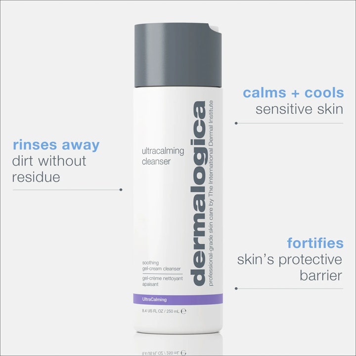 Dermalogica UltraCalming Cleanser 250 ml rauhoittava puhdistusgeeli valkoisessa pullossa harmaalla korkilla ja teksteillä.