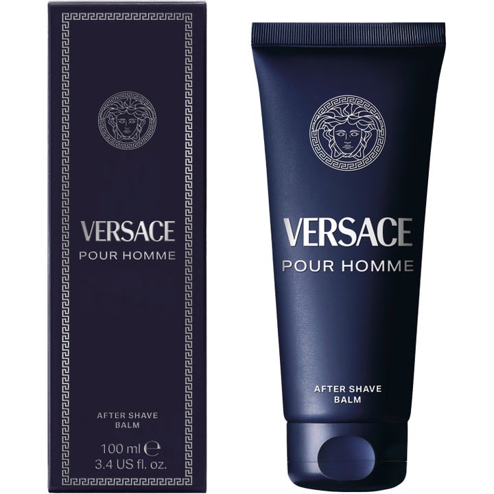 Versace Pour Homme After Shave Balm 100 ml rauhoittava partabalsami tummansinisessä tuubissa ja pakkauksessa.