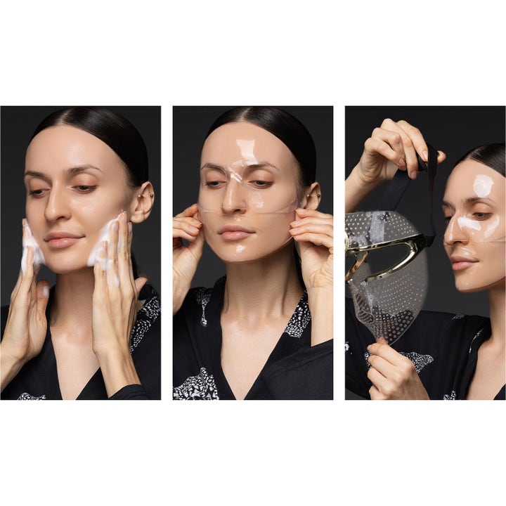 FAQ Swiss FAQ Glass Skin Collagen Face Mask 5 kpl kosteuttava kasvonaamio käytettynä yhdessä LED-maskin kanssa.