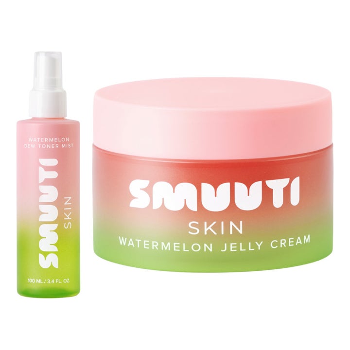 Smuuti Skin Watermelon Dew Toner Mist 100 ml ja Jelly Cream kosteuttava duo pinkin ja vihreän sävyisissä pakkauksissa