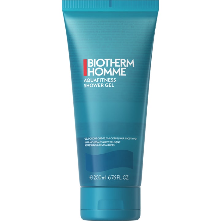Biotherm Homme Aquafitness Shower Gel 200 ml virkistävä suihkugeeli vartalolle ja hiuksille sinisessä muovituubissa