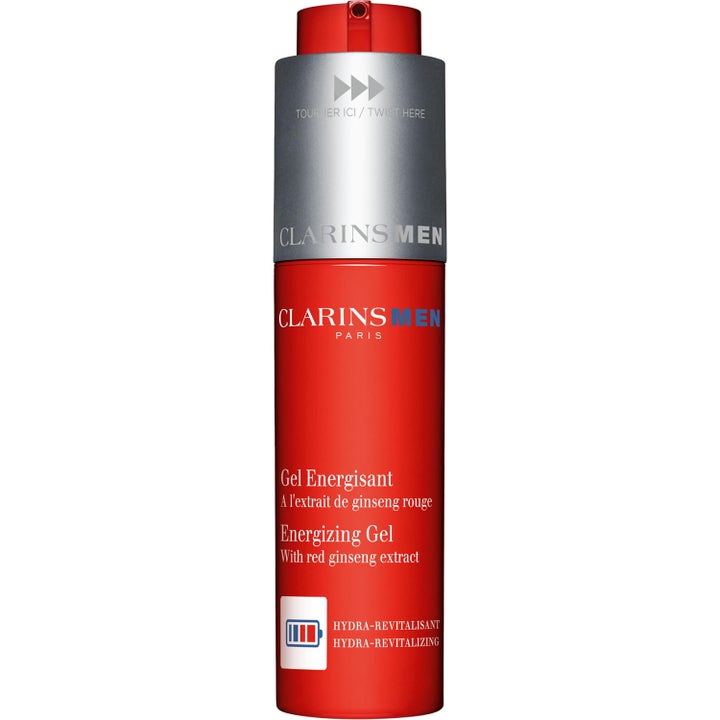 ClarinsMen Energizing Gel 50 ml elvyttävä kasvogeeli ginsengillä punaisessa pullossa hopeisella kierrekorkilla.