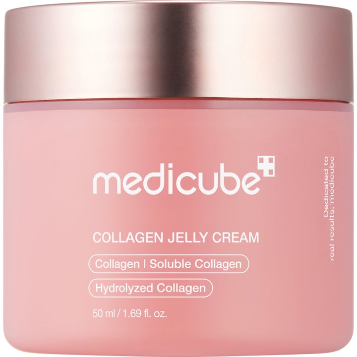 Medicube Collagen Jelly Cream 50 ml kiinteyttävä kasvovoide vaaleanpunaisessa purkissa metallinhohtoisella korkilla