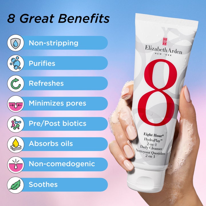 Elizabeth Arden Eight Hour Hydraplay Cleanser 125 ml puhdistustuote vaahtoaa kädessä ja listaa 8 hyötyä iholle.