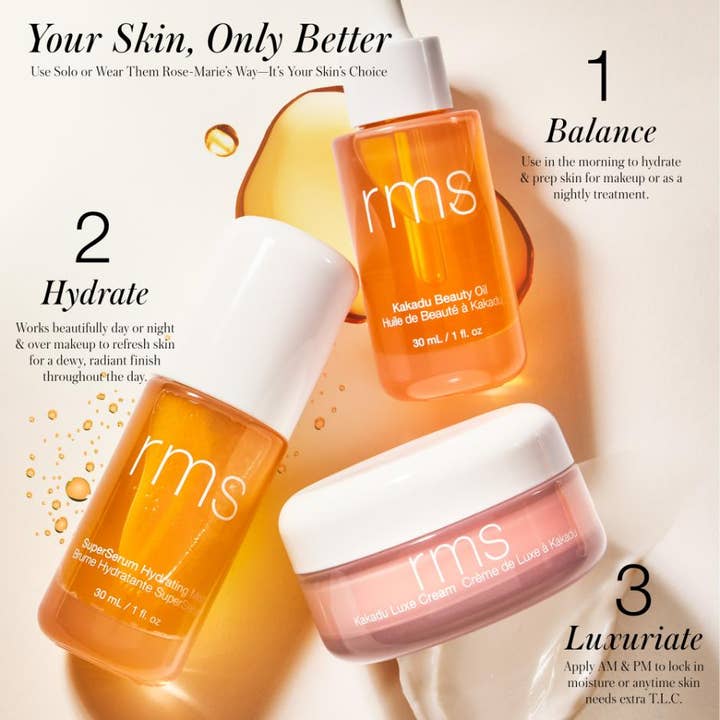 RMS Beauty Kakadu Luxe Cream 50 ml kasvovoide lasipurkissa muiden sarjan tuotteiden kanssa.