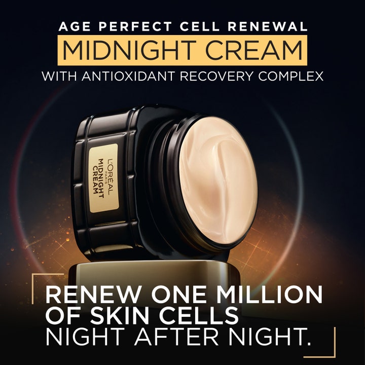 L'Oréal Paris Midnight Cream 50 ml uudistava yövoide mustassa lasipurkissa vaalealla täyteläisellä koostumuksella.