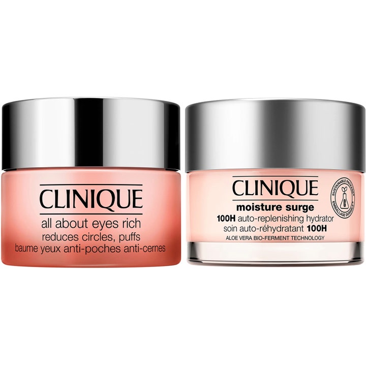 Clinique All About Eyes Rich ja Moisture Surge 100H kosteuttavat voiteet persikanvärisissä purkeissa hopeisilla kansilla.