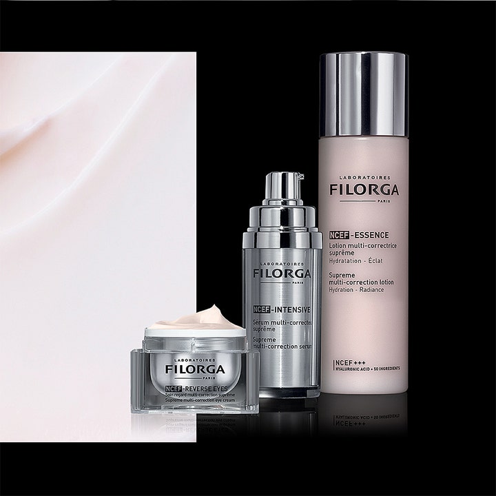 Filorga NCEF-Reverse Eyes 15 ml silmänympärysvoide kirkastaa ihoa muiden NCEF-linjan tuotteiden rinnalla.