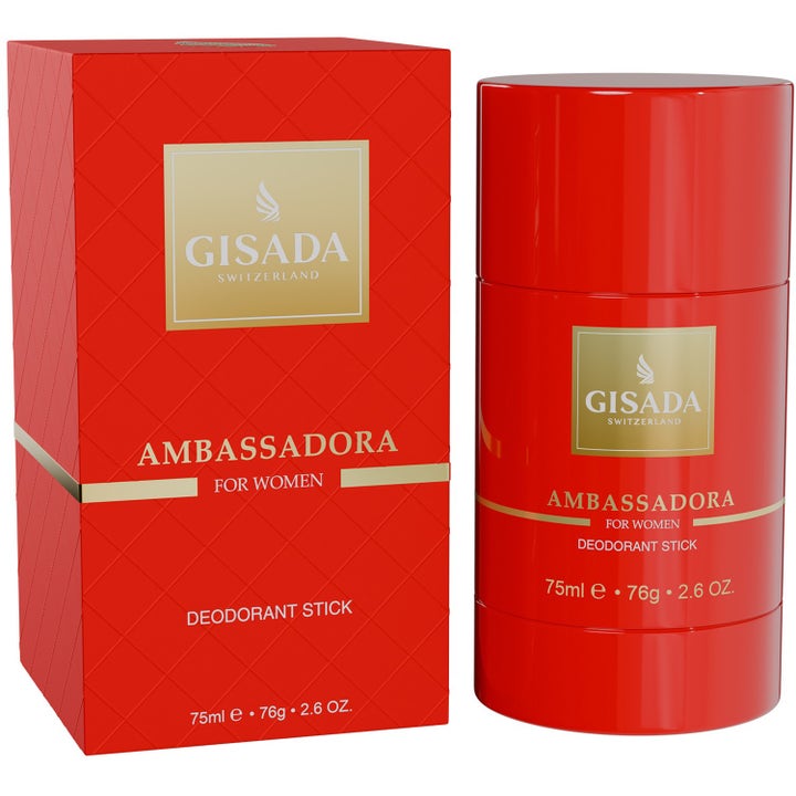 Gisada Ambassadora for Women 75ml raikkauden takaava deodoranttitikku punaisessa hylsyssä ja kultaisilla etiketeillä.