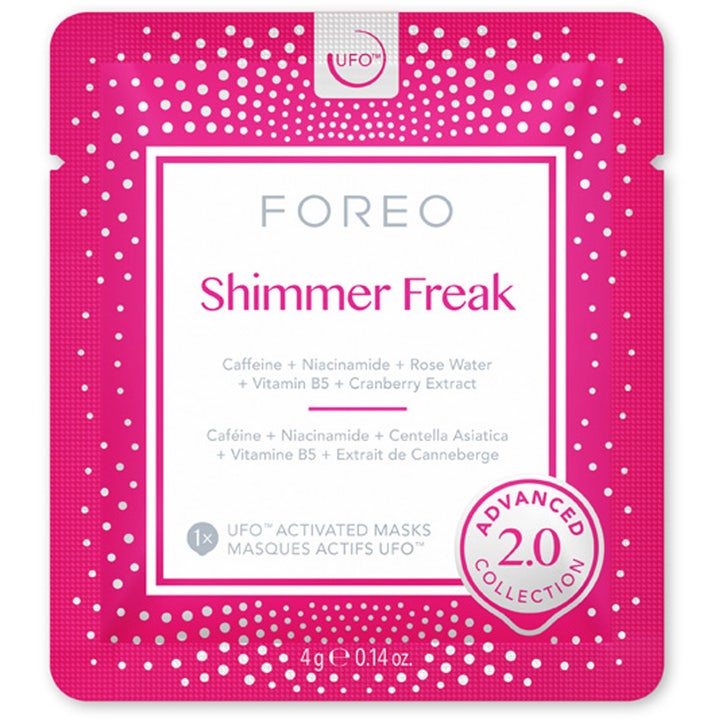 FOREO UFO Shimmer Freak 2.0 6 kpl kofeiinia sisältävä silmänympärysmaski pinkissä pakkauksessa