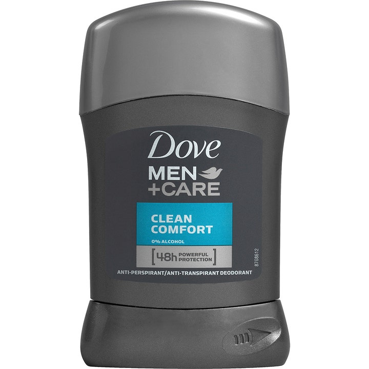 Dove Men+Care Clean Comfort antiperspiranttipuikko antaa 48h suojan harmaassa pakkauksessa turkoosilla etiketillä.