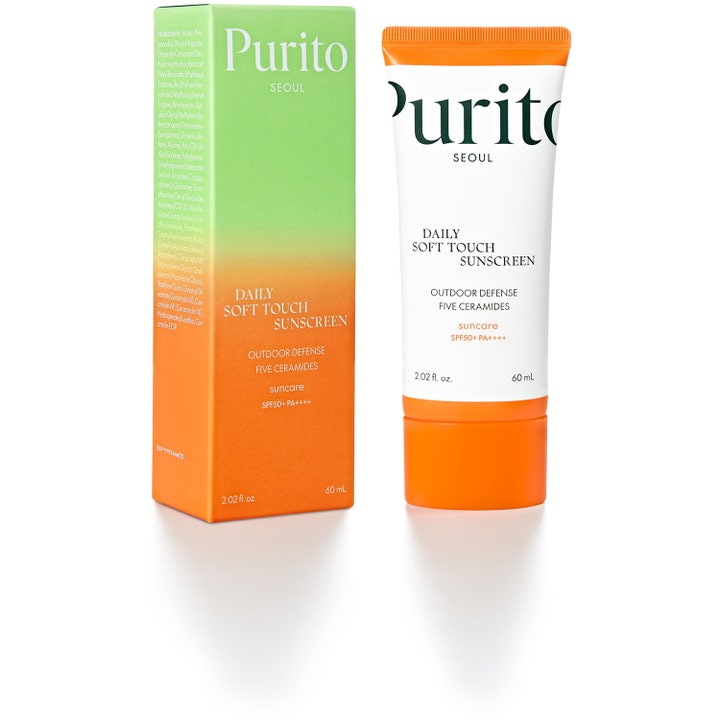 Purito Daily Soft Touch Sunscreen 60 ml SPF 50 aurinkovoide kasvoille sisältää keramideja oranssissa pakkauksessa.