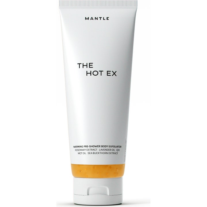 Mantle The Hot Ex 150 ml lämmittävä vartalonkuorinta valkoisessa tuubissa, jonka alaosasta kuultaa oranssi geeli.
