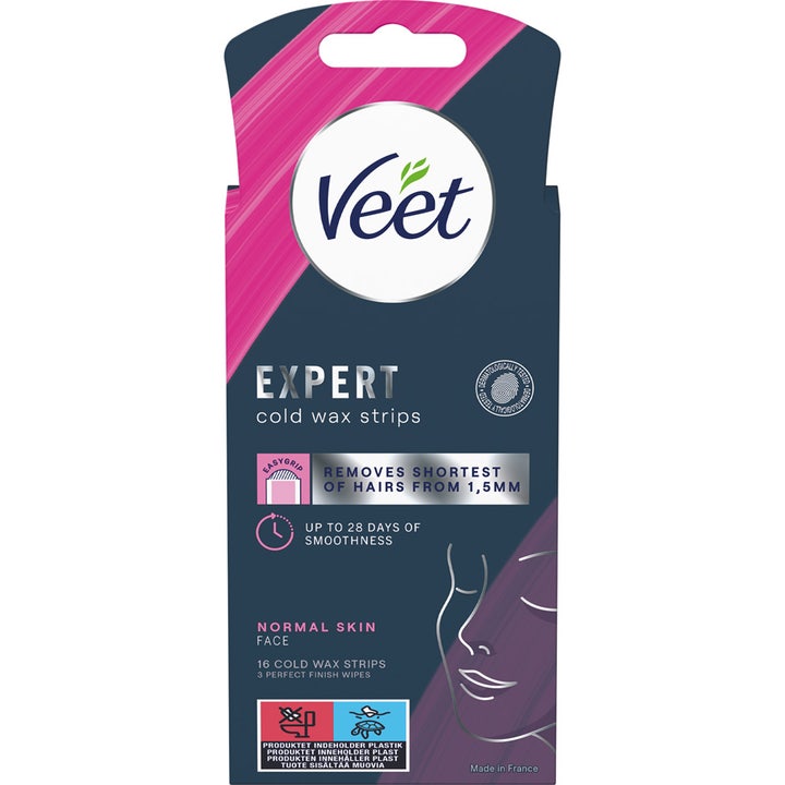 Veet Expert Cold Wax Strips 16 kpl kylmävahaliuskat kasvoille tummansinisessä ja vaaleanpunaisessa pakkauksessa.