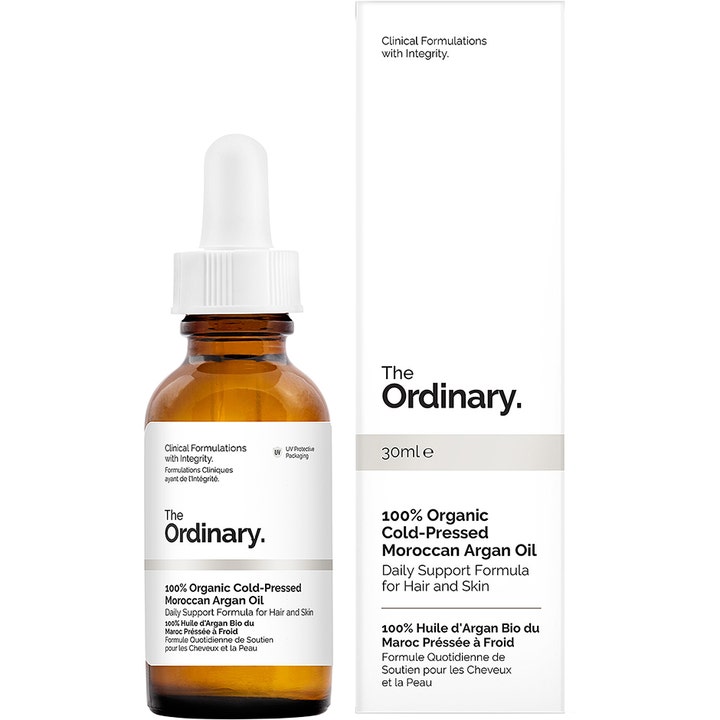 The Ordinary 100% Organic Cold-Pressed Moroccan Argan Oil 30ml ravitseva öljy ruskeassa pipettipullossa ja valkoinen kotelo