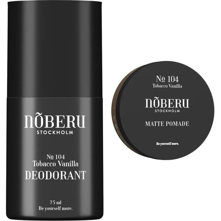 Nõberu No 104 Tobacco Vanilla 75 ml deodorantti ja mattapomade mustissa pakkauksissa antavat pitoa ja raikkautta