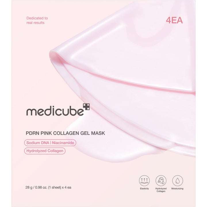 Medicube PDRN Pink Collagen Gel Mask 4 kpl kasvonaamio pakkaus vaaleanpunaisella geelimäisellä tekstuurilla.