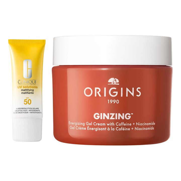 Origins GinZing Gel Cream ja Clinique UV Solutions SPF 50 energisoiva ja mattapinnan antava setti oranssissa purkissa.
