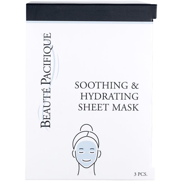 Beauté Pacifique Soothing & Hydrating Sheet Mask 3 kpl rauhoittava kangasmaski valkoisessa pakkauksessa, jossa on musta yläosa