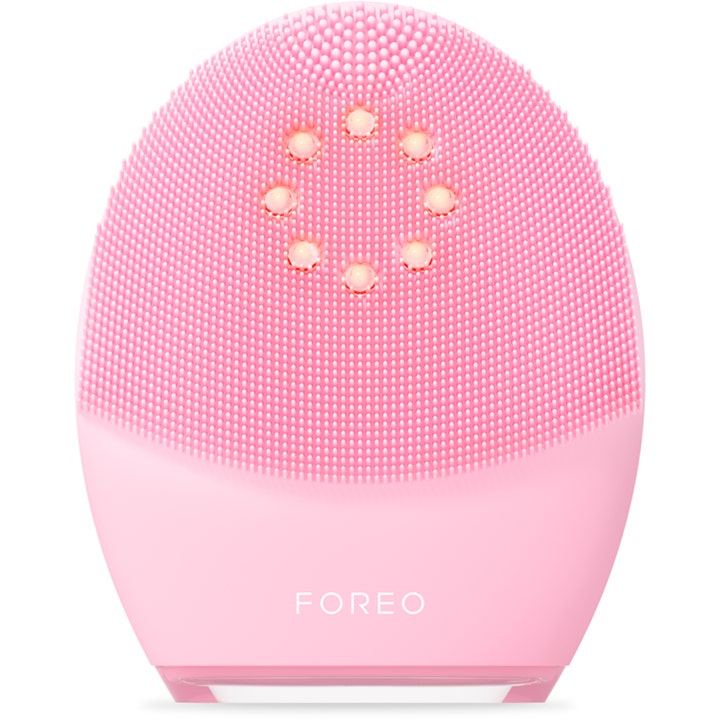 FOREO LUNA 4 plus Normal Skin 1 kpl kiinteyttävä kasvojenpuhdistuslaite vaaleanpunaista silikonia LED-valoympyrällä