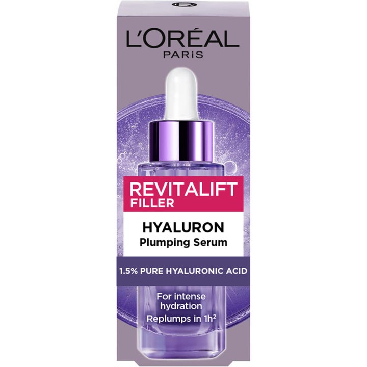 L'Oréal Paris Revitalift Filler 30 ml kosteuttava hyaluronihapposeerumi purppuranvärisessä pahvipakkauksessa.
