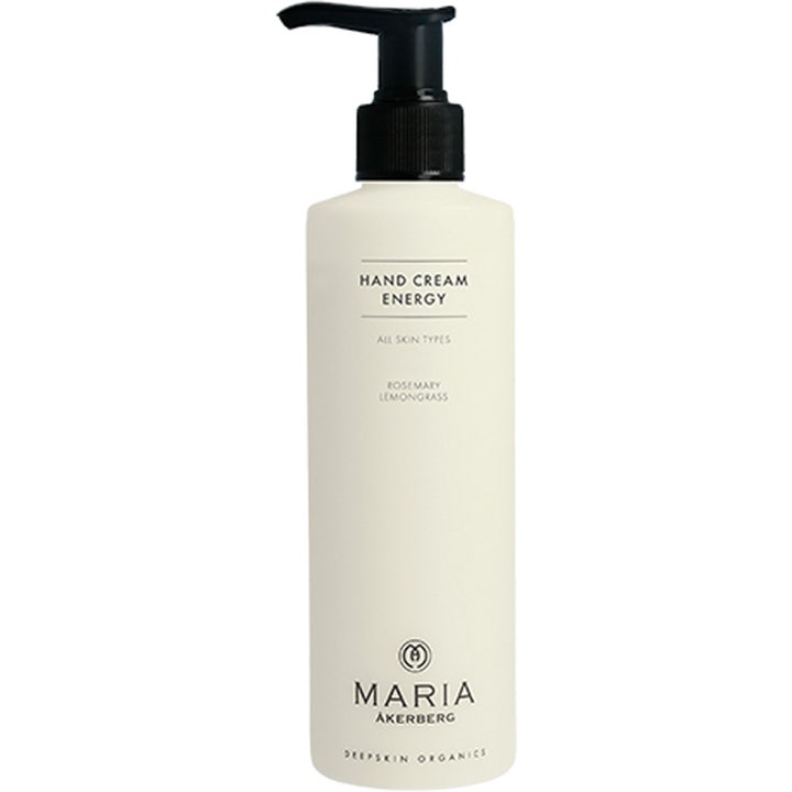 Maria Åkerberg Hand Cream Energy virkistävä käsivoide antaa energiaa valkoisessa pumppupullossa mustalla pumpulla.