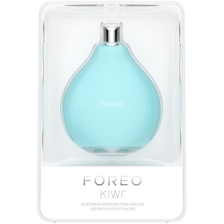 FOREO KIWI 1 kpl mustapääimuri puhdistaa ihohuokoset turkoosilla pisaranmuotoisella laitteella pakkauksessaan.