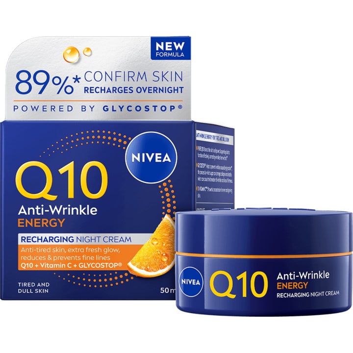 Nivea Q10 Anti-Wrinkle Energy 50 ml yövoide vähentää ryppyjä ja kirkastaa ihoa sinisessä lasipurkissa.