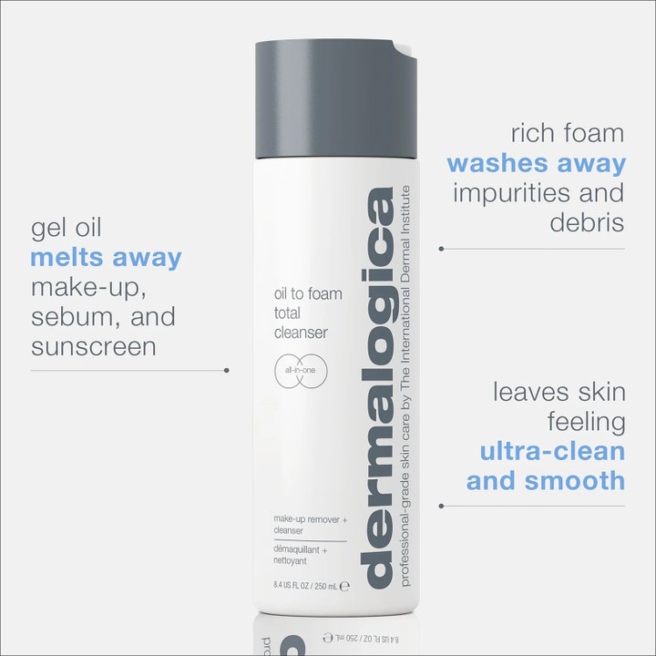 Dermalogica Oil to Foam Cleanser 250 ml puhdistusöljy poistaa meikin ja epäpuhtaudet valkoisessa harmaakorkisessa pullossa