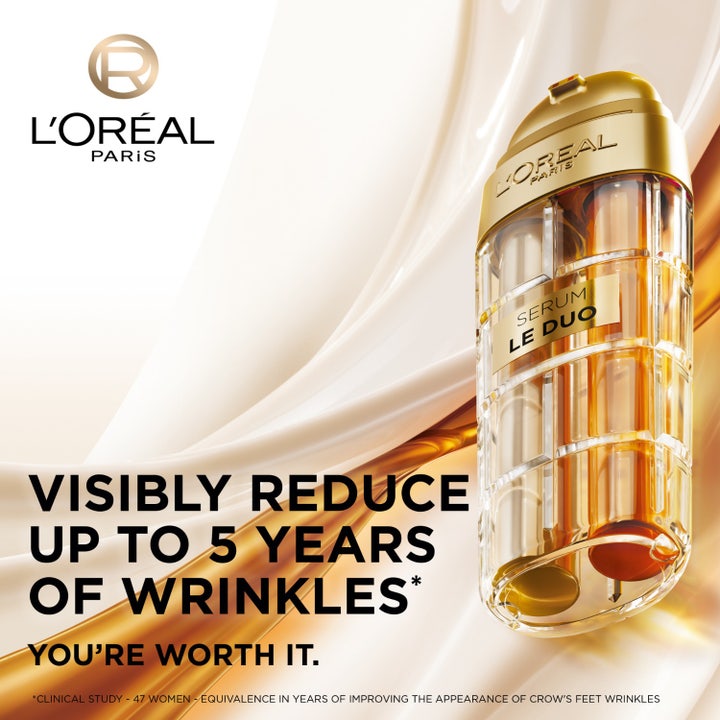 L'Oréal Paris Age Perfect Le Duo Age Defying Serum 30 ml silottaa ryppyjä ennen ja jälkeen -vertailukuvassa.