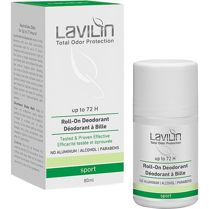 Lavilin Roll-On Deodorant Sport 80 ml alumiiniton hajunesto valkoisessa pakkauksessa vihreillä yksityiskohdilla