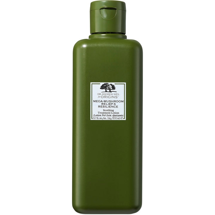 Origins Mega-Mushroom Relief & Resilience 200 ml rauhoittava hoitoneste vihreässä muovipullossa valkoisella etiketillä