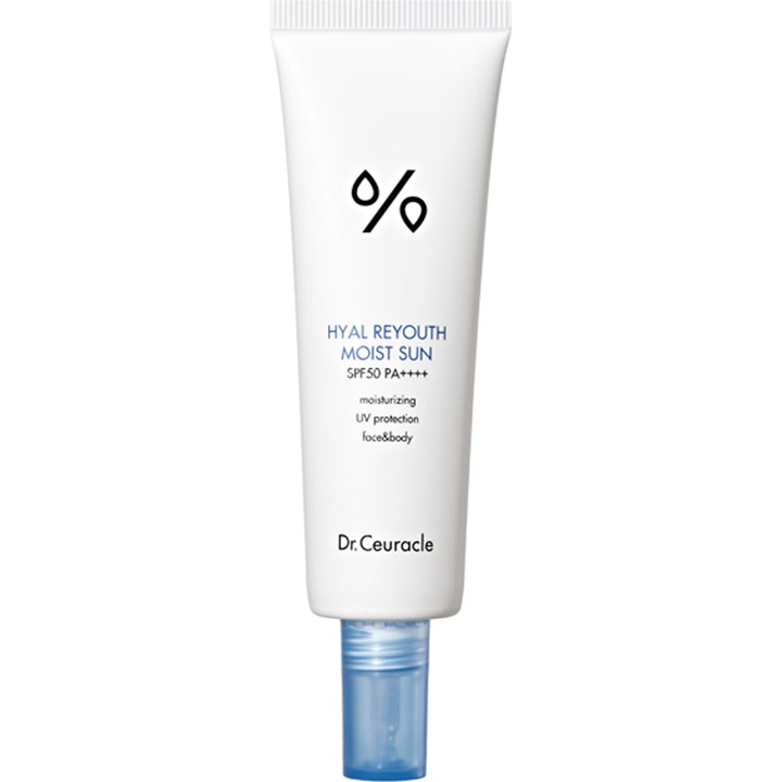 Dr. Ceuracle Hyal Reyouth Moist Sun 50ml kosteuttava aurinkovoide valkoisessa tuubissa jossa on sininen läpinäkyvä korkki