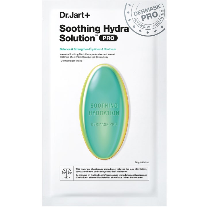Dr. Jart+ Soothing Hydra Solution PRO 26 g rauhoittava kangasnaamio valkoisessa pakkauksessa turkoosilla pillerillä