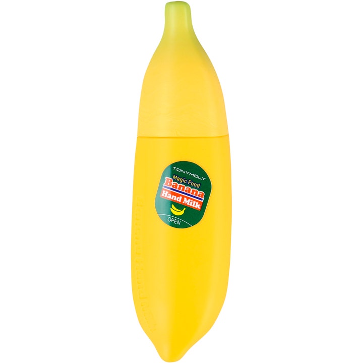 TonyMoly Magic Food Banana Hand Milk pehmentävä käsivoide keltaisessa banaanin muotoisessa pakkauksessa