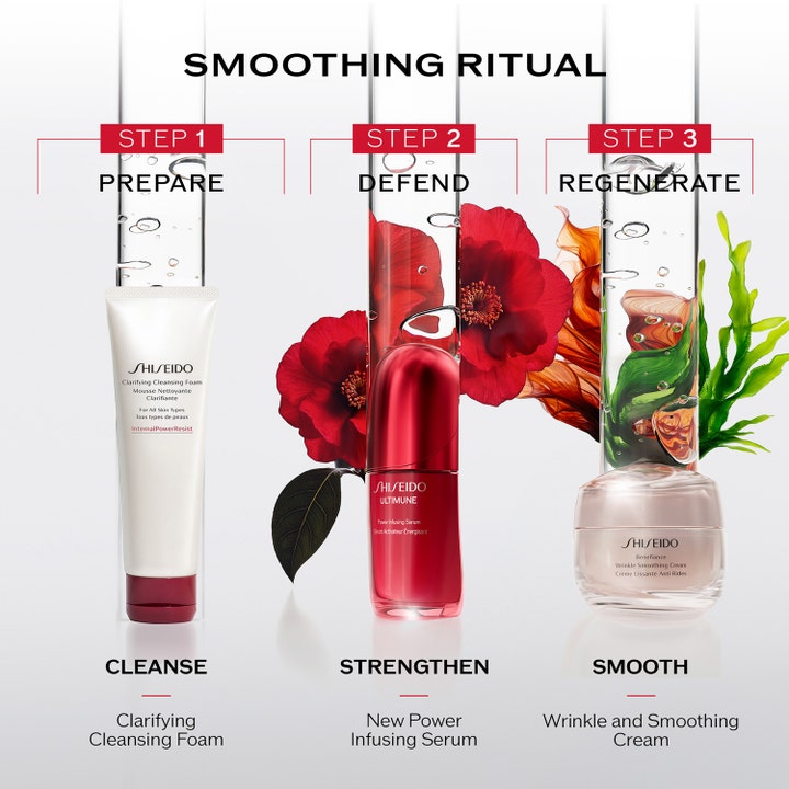 Shiseido Ultimune Power Infusing Concentrate 50 ml vahvistava seerumi osana kolmivaiheista ihonhoitorutiinia.