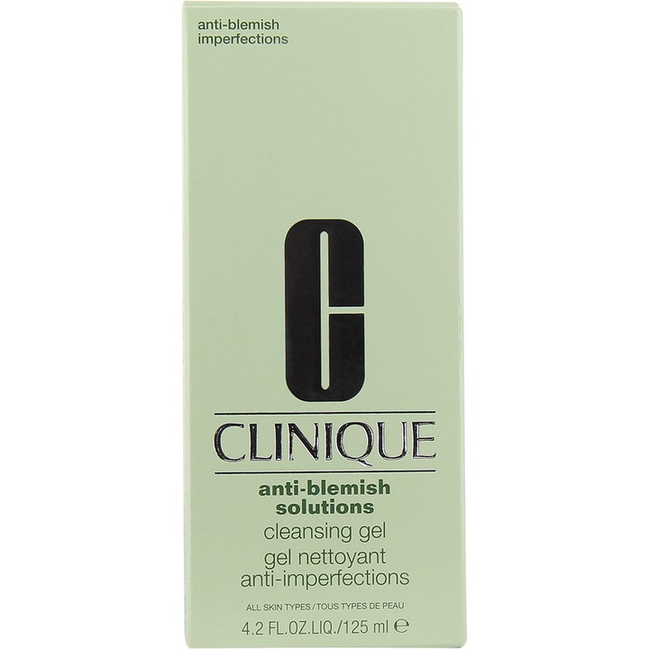 Clinique Acne Solutions Cleansing Gel 125 ml puhdistusgeeli hillitsee epäpuhtauksia vaaleanvihreässä pahvipakkauksessa