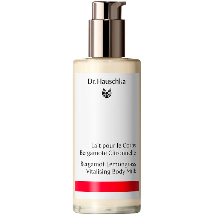 Dr. Hauschka Bergamot Lemongrass Vitalising Body Milk virkistävä vartalomaito kirkkaassa lasipullossa hopeisella pumpulla