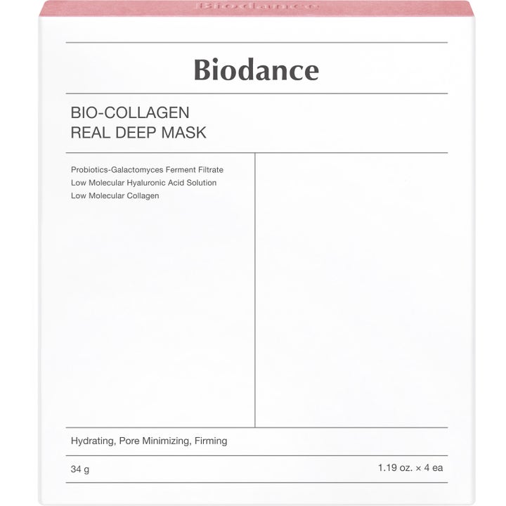 Biodance Bio-Collagen Real Deep Mask 4 kpl kiinteyttävä kasvonaamio minimalistisessa valkoisessa pakkauksessa.