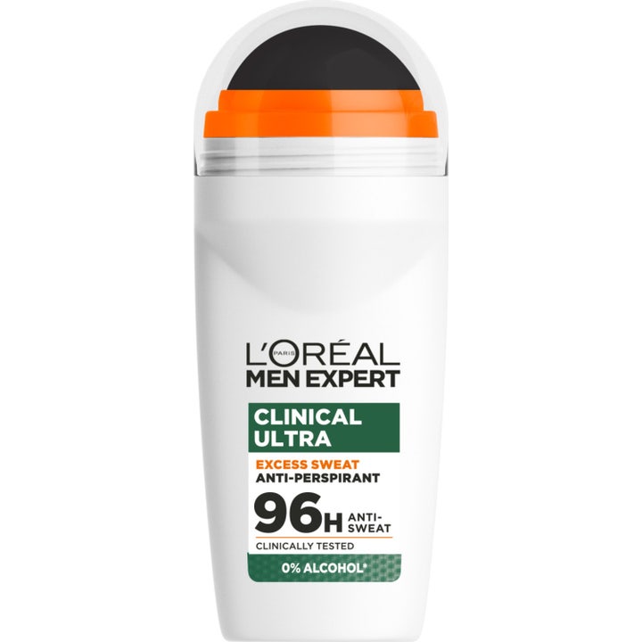 L'Oréal Men Expert Clinical Ultra 50 ml antiperspirantti 96h suojalla valkoisessa roll-on-pullossa oranssilla tehosteella.