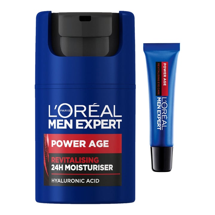 L'Oréal Men Expert Power Age elvyttävä hyaluronihappoa sisältävä kosteusvoide ja silmänympärysvoide sinisissä pakkauksissa.